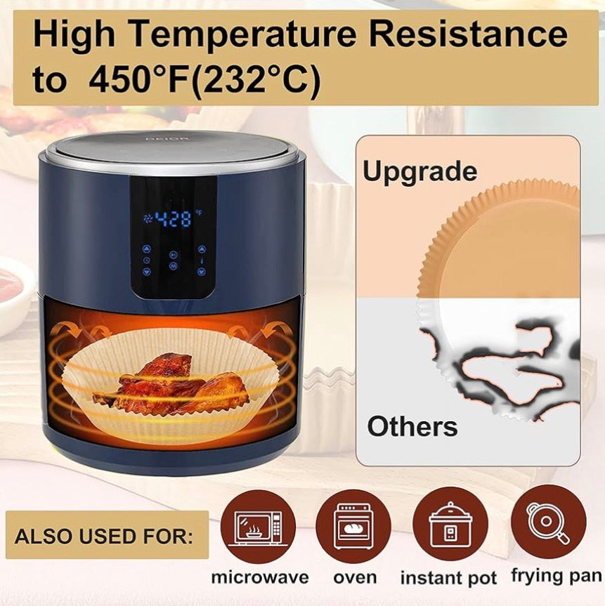 Large 10-inch Problems Solved non-stick round air fryer disposable paper liner with parchment material for easy cleanup.