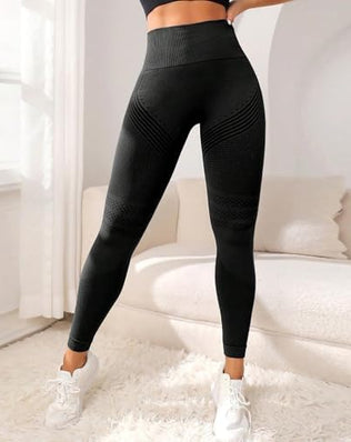 Problems Solved 3D anti-cellulite high-waist seamless compression leggings for women, shown in black with a close-up of the fabric.