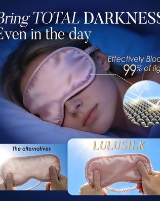 Problems Solved Mulberry Silk sleep mask with elastic band, soft eye mask for sleeping, napping, and travel comfort.