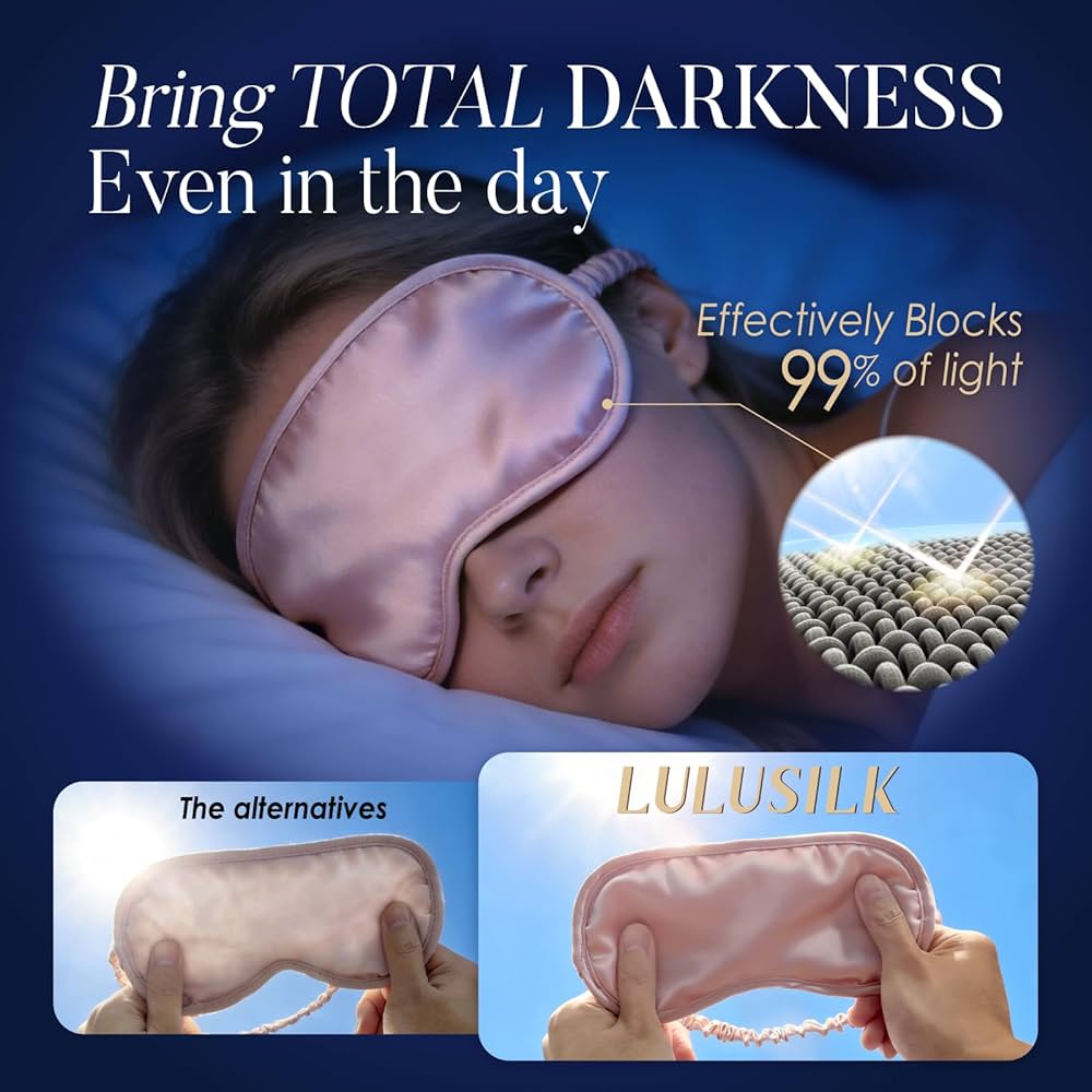 Problems Solved Mulberry Silk sleep mask with elastic band, soft eye mask for sleeping, napping, and travel comfort.