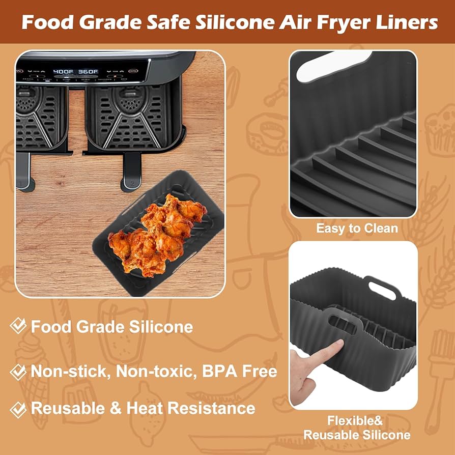 Two silicone air fryer liners for Ninja Foodi Dual DZ201 basket, non-stick, reusable, designed by Problems Solved.