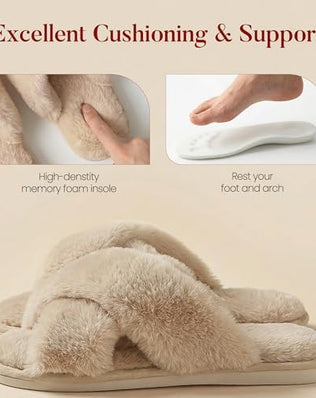 Women Slippers Fluffy Slippers Memory Foam, Cross Band Furry Open Toe Slippers Cozy