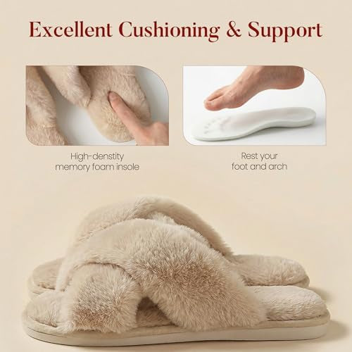 Women Slippers Fluffy Slippers Memory Foam, Cross Band Furry Open Toe Slippers Cozy