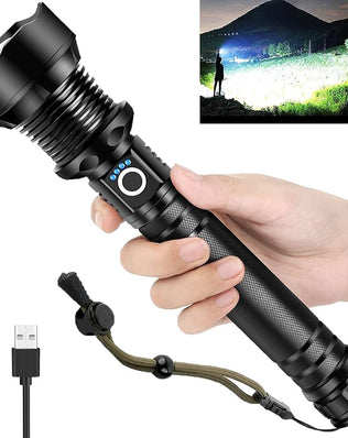 Problems Solved rechargeable LED flashlight with high lumens XHP90.2, super bright tactical flashlight, handheld with adjustable focus.