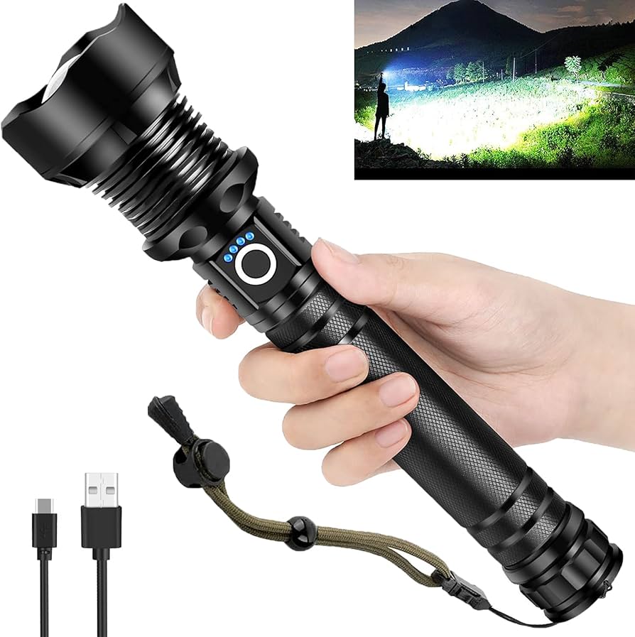 Problems Solved rechargeable LED flashlight with high lumens XHP90.2, super bright tactical flashlight, handheld with adjustable focus.
