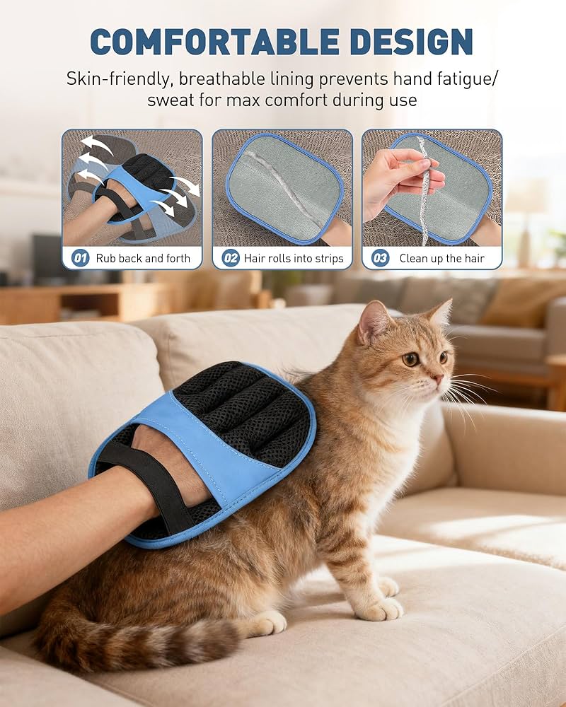 Problems Solved Magic Brush Glove Pet Hair removal gloves, showing electrostatic grooming gloves with textured surface for pet hair removal.
