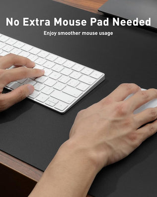Problems Solved leather desk pad protector with non-slip PU surface, used as a mouse pad and office desk mat on a wooden desk.