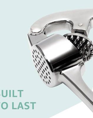Problems Solved garlic press crusher and mincer tool for garlic and ginger, stainless steel design with ergonomic handle.
