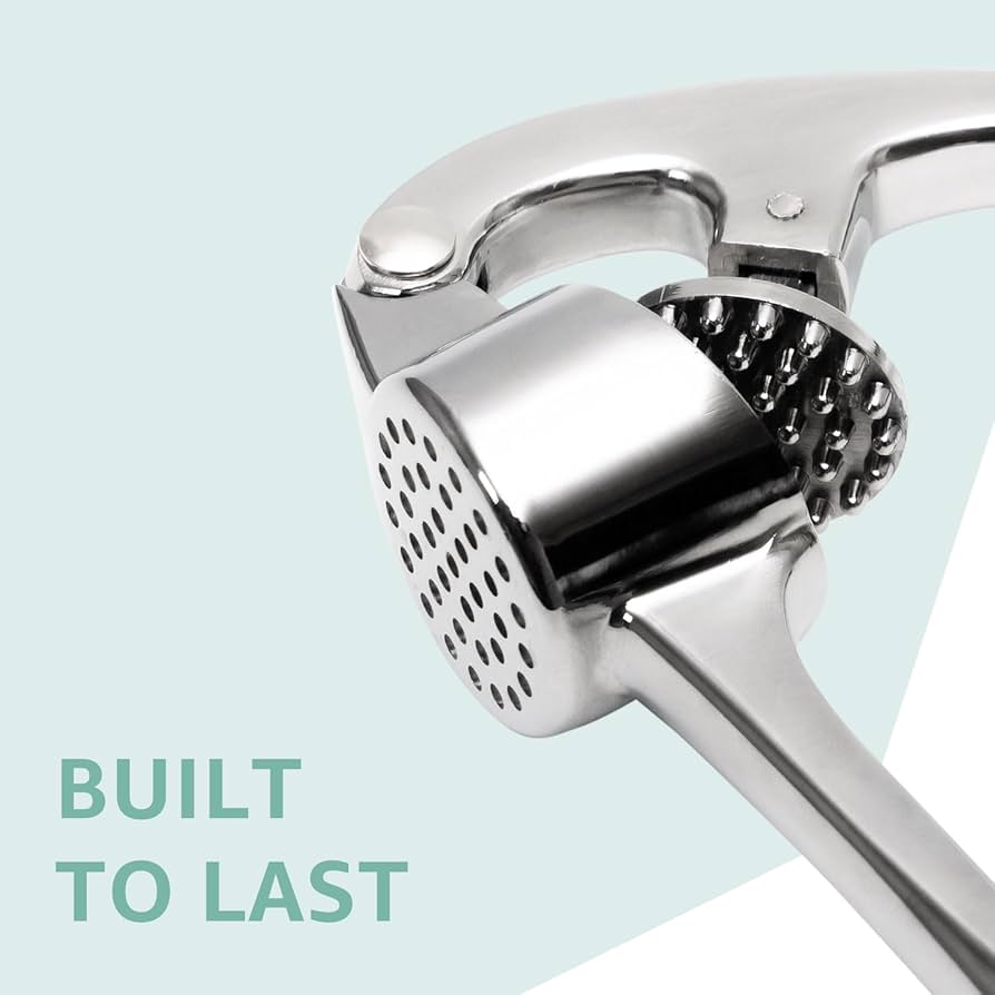Problems Solved garlic press crusher and mincer tool for garlic and ginger, stainless steel design with ergonomic handle.