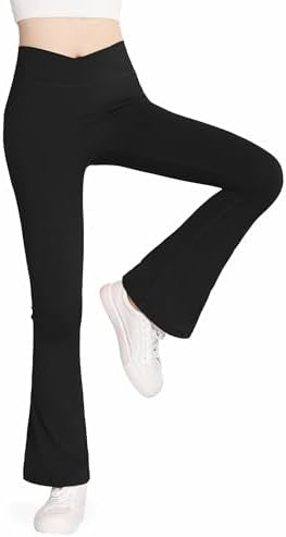 Girls flared leggings by Problems Solved, high-waisted kids pants with a V cross detail and trendy flared style.