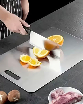 Problems Solved stainless steel 3-piece cutting boards set with non-slip bases, dishwasher safe, for versatile kitchen food prep.