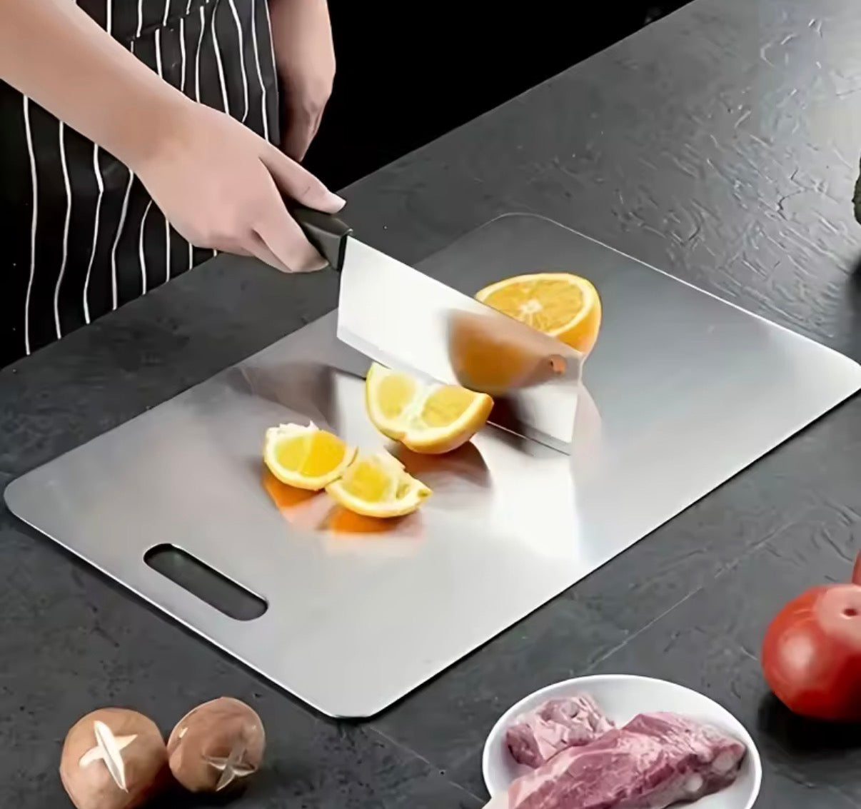 Problems Solved stainless steel 3-piece cutting boards set with non-slip bases, dishwasher safe, for versatile kitchen food prep.