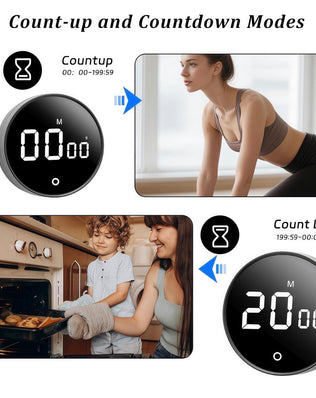Digital kitchen timer with magnetic back from Problems Solved, displaying 199-minute countdown and count-up features.
