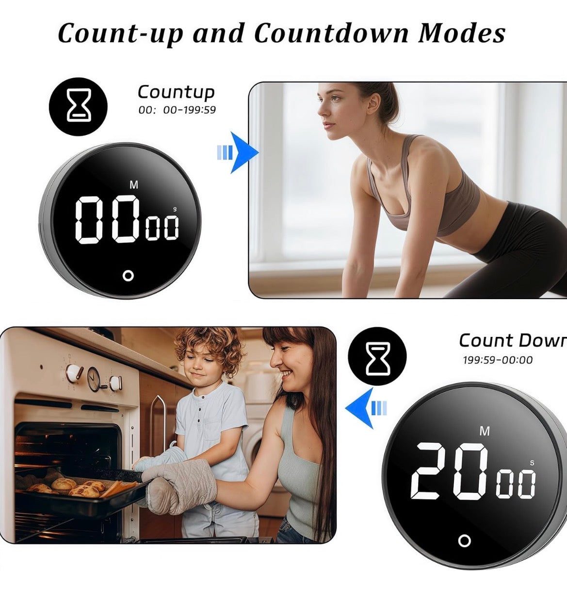 Digital kitchen timer with magnetic back from Problems Solved, displaying 199-minute countdown and count-up features.