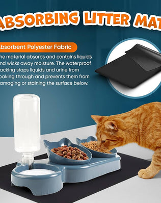 Problems Solved 3-in-1 cat food and water bowl set with waterproof mat, featuring raised, tilted bowls for easy feeding.