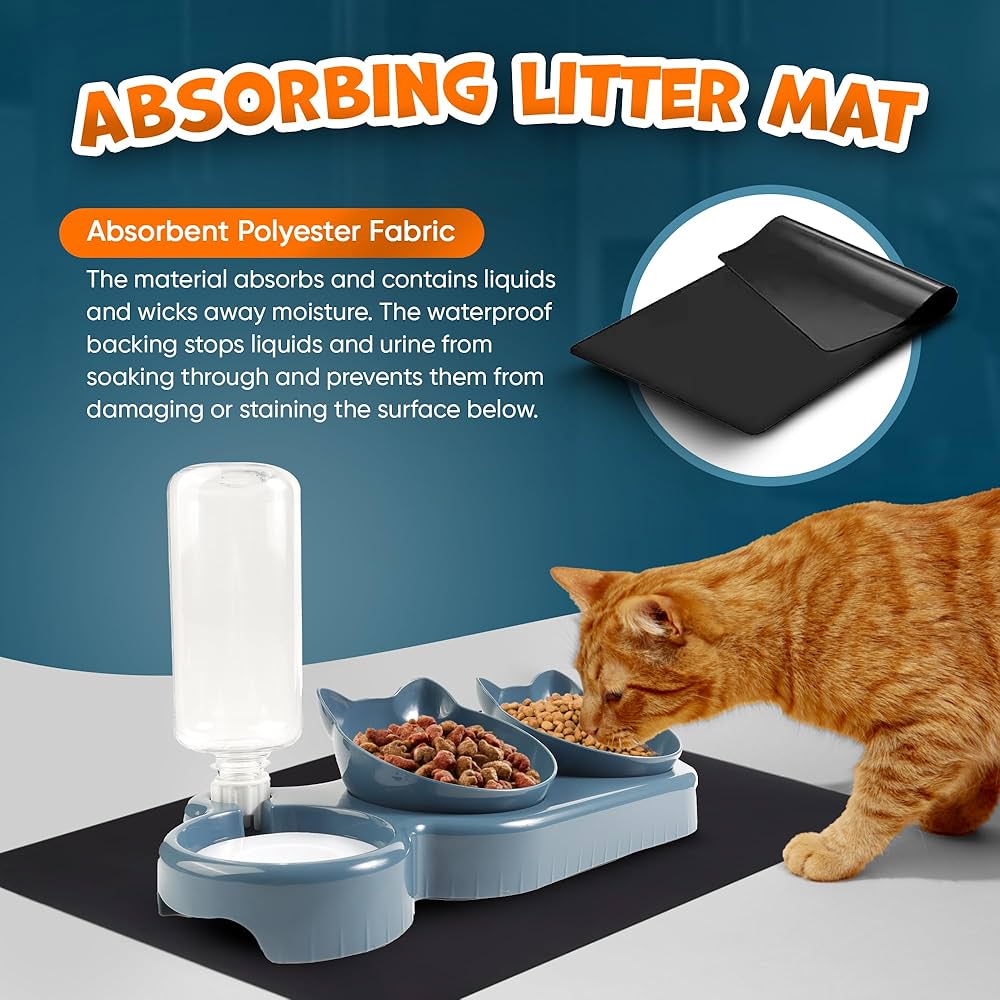 Problems Solved 3-in-1 cat food and water bowl set with waterproof mat, featuring raised, tilted bowls for easy feeding.