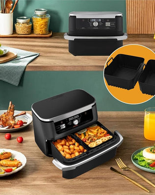 Silicone liners for Ninja AF500UK dual air fryer, reusable air fryer accessories, heat-resistant non-stick liners for easy cleaning.