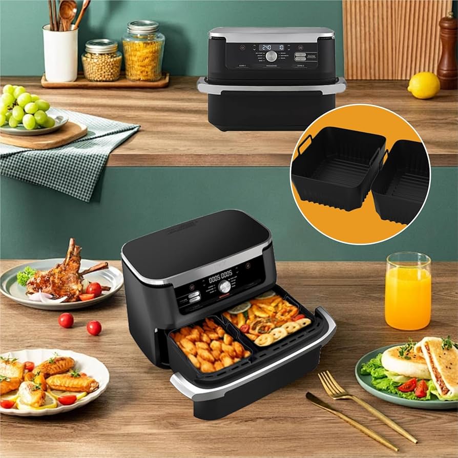 Silicone liners for Ninja AF500UK dual air fryer, reusable air fryer accessories, heat-resistant non-stick liners for easy cleaning.