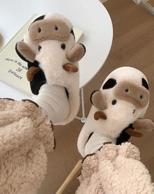 Cow Slippers Women Men Plush Mules Winter Soft Warm Comfortable Fluffy