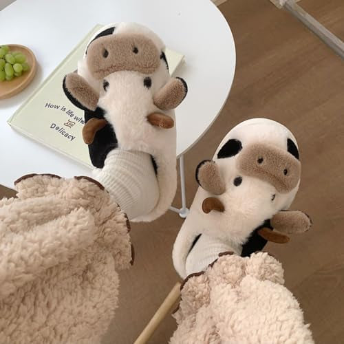 Cow Slippers Women Men Plush Mules Winter Soft Warm Comfortable Fluffy