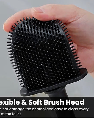 Problems Solved silicone flex toilet brush with wall-mounted holder, designed for deep cleaning and easy bathroom maintenance.