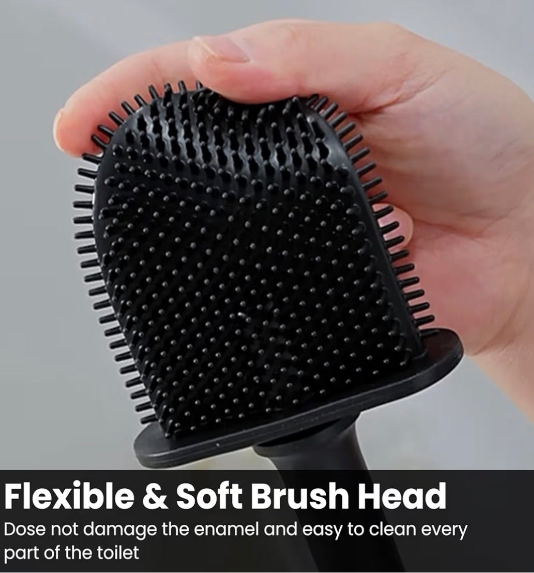 Problems Solved silicone flex toilet brush with wall-mounted holder, designed for deep cleaning and easy bathroom maintenance.