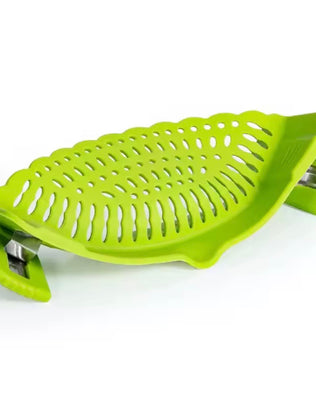 Problems Solved snap strainer clip-on silicone pot and pan strainer, heat-resistant, hands-free kitchen utensil for draining liquids
