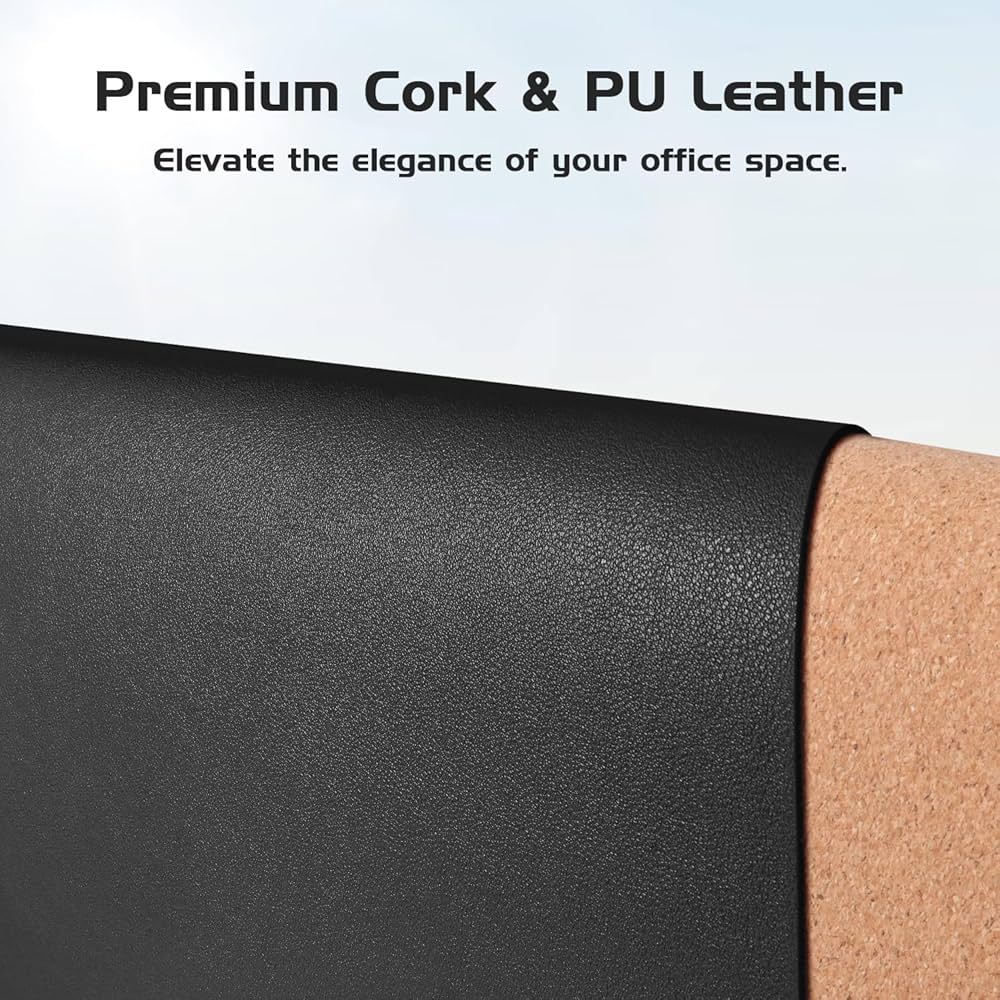 Problems Solved double-sided PU leather and eco cork desk pad, large desk mat protector with smooth surface and cushioned support.