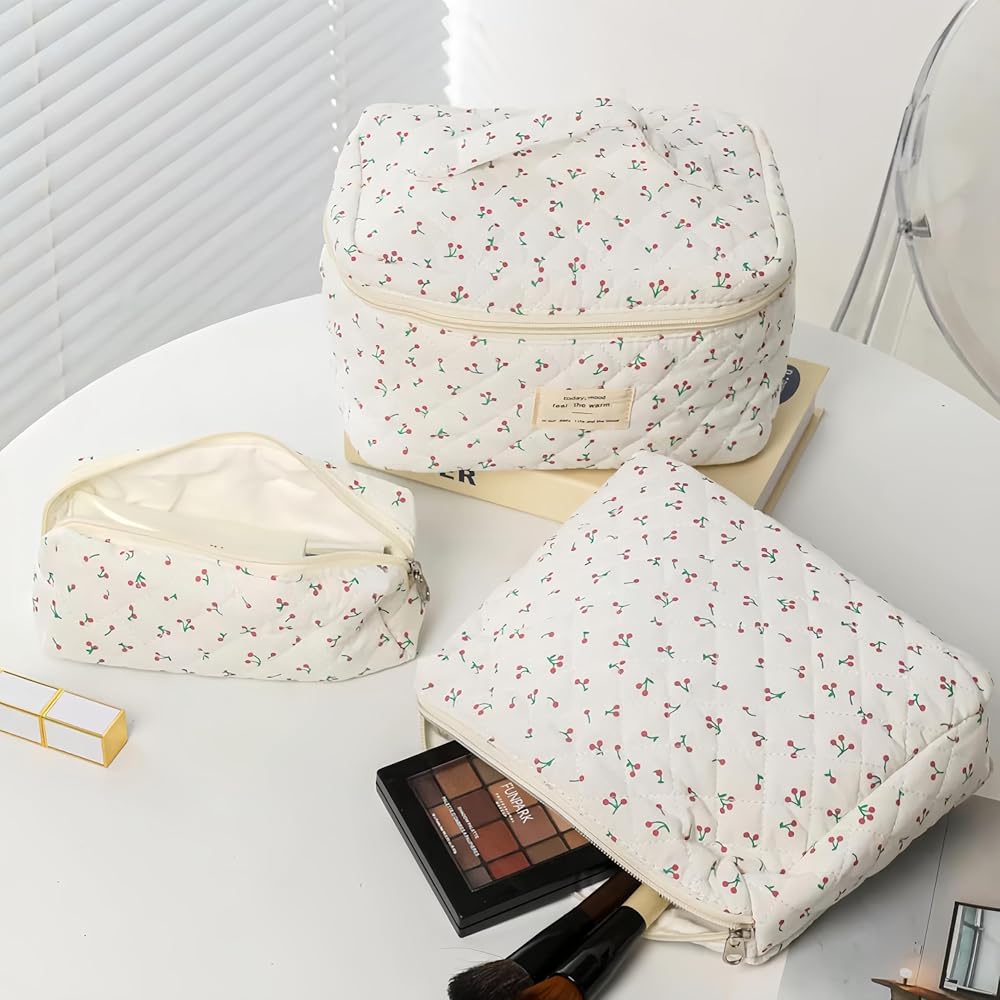 Beauty Case, 3 Pieces Floral Large Capacity Makeup Bag, Quilted Toiletry Bag