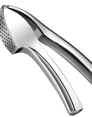 Problems Solved stainless steel garlic press and crusher with ergonomic handle for easy mincing of garlic cloves.