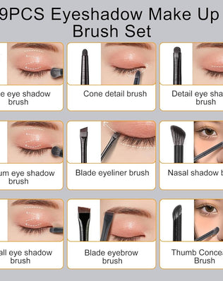 Problems Solved 9-piece eyeshadow makeup brush set with various eye brushes, perfect for blending and detailed eye makeup application.