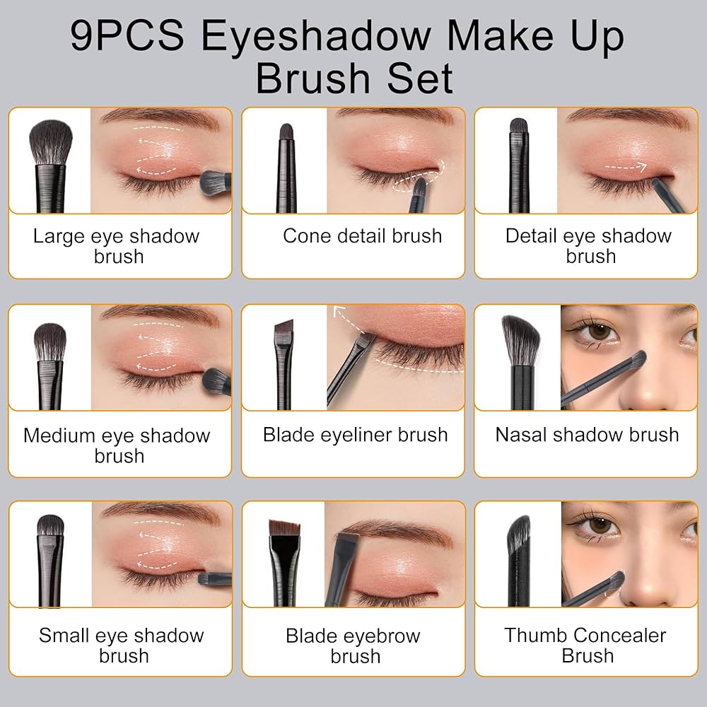 Problems Solved 9-piece eyeshadow makeup brush set with various eye brushes, perfect for blending and detailed eye makeup application.