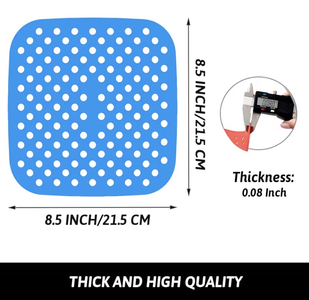 Problems Solved 8.5-inch square reusable silicone air fryer liners with non-stick surface, set of 3 for easy cooking cleanup.