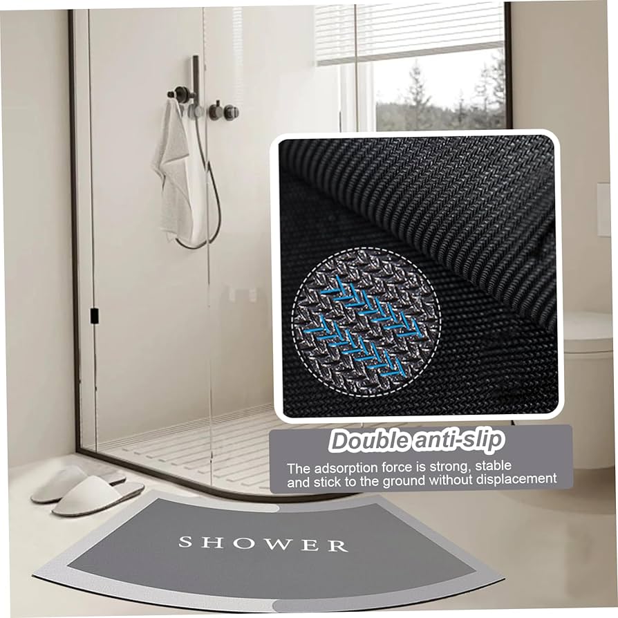Problems Solved curved bath mat with absorbent, non-slip surface, designed for curved shower and bathtub areas.
