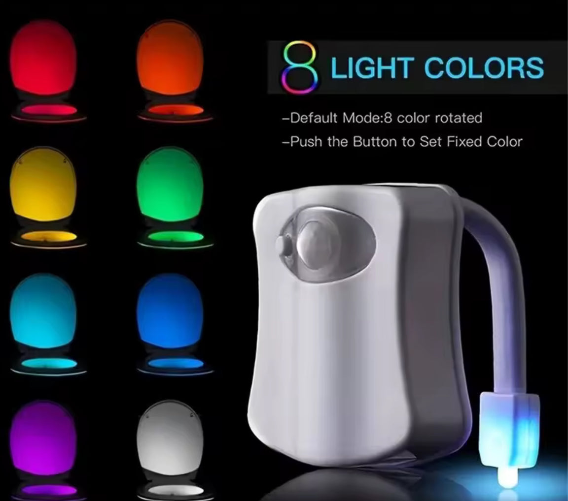 Wireless LED night light with motion sensor, RGB 16-color options, ideal for bathroom toilet area by Problems Solved.