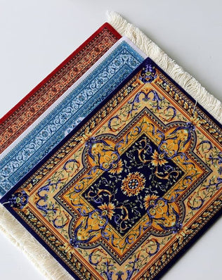 Problems Solved oriental carpet pattern mouse mat made of textile fabric, designed as a mini rug for desktop use