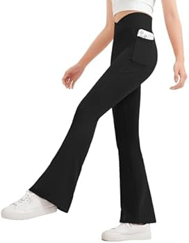 Girls flared leggings from Problems Solved featuring high waist and V cross design, shown in a navy blue fabric.