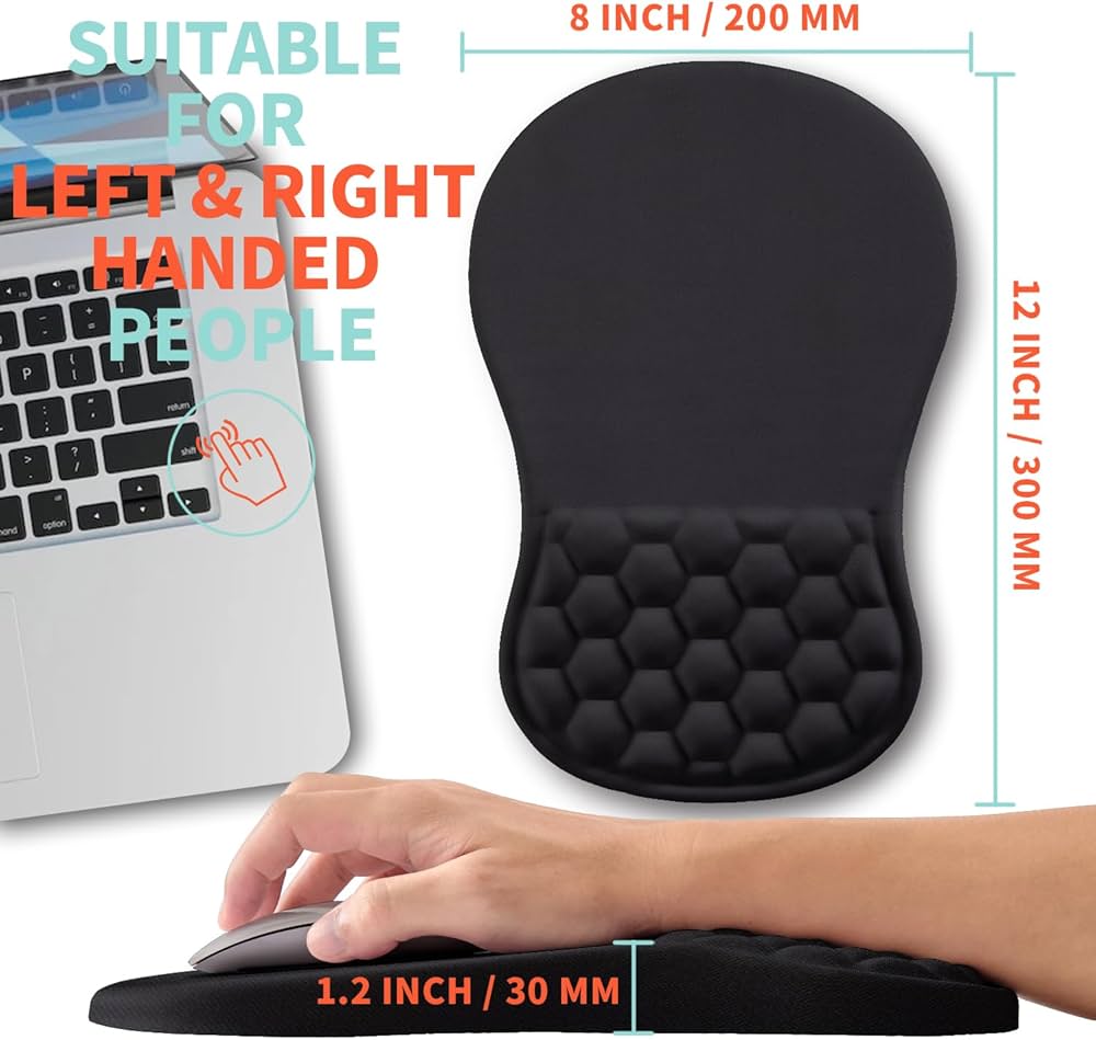Problems Solved large ergonomic mouse pad with gel wrist support and massage feature, designed for comfortable computer use.