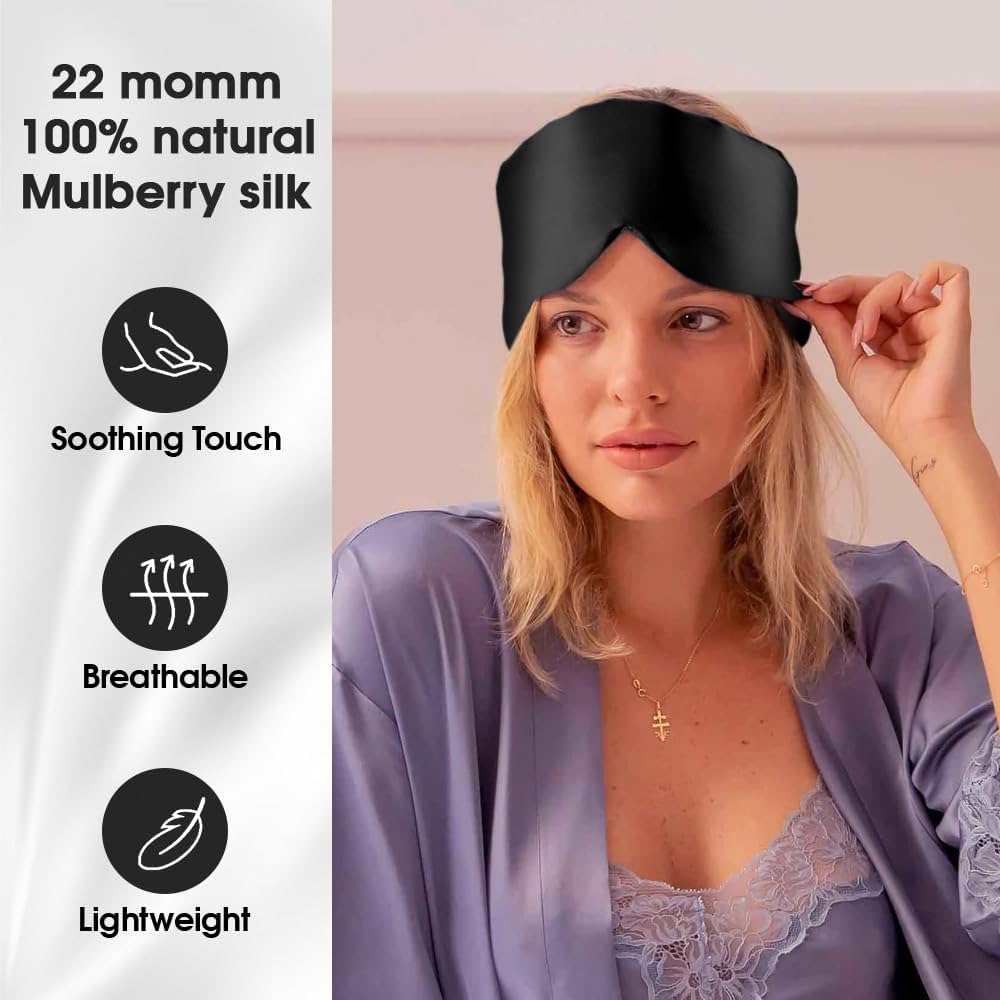Problems Solved natural silk sleep eye mask with adjustable straps, unisex sleeping mask for relaxation and comfort.