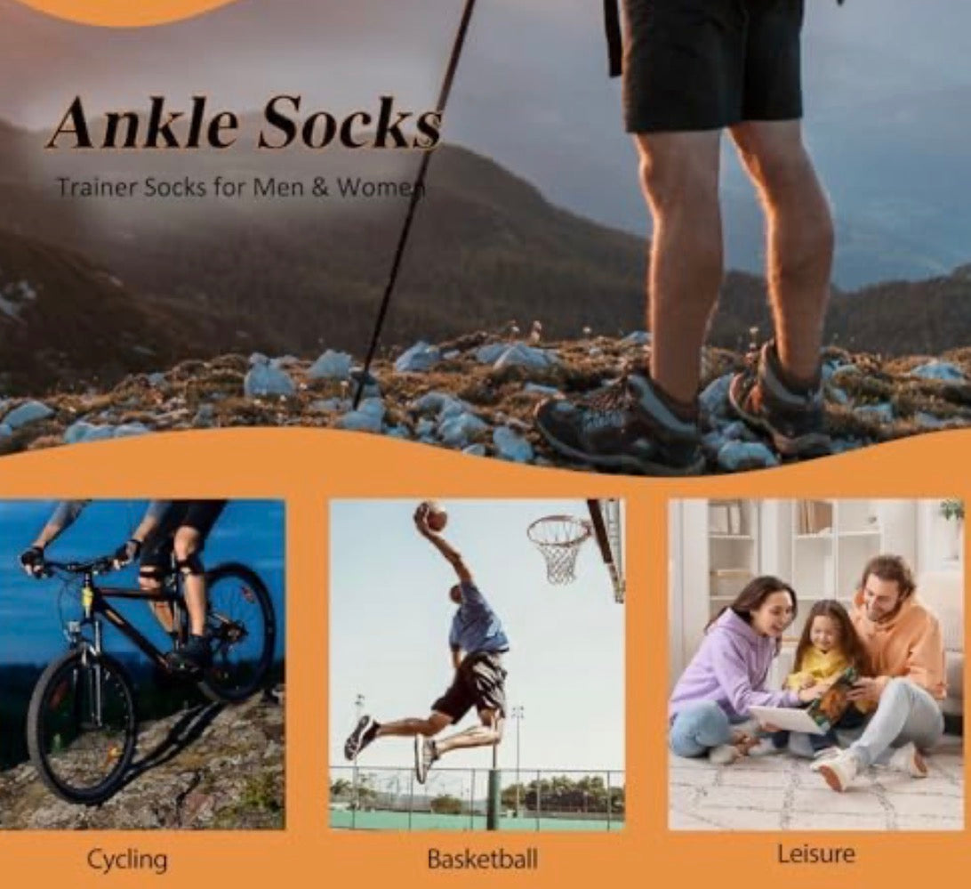 Problems Solved cotton trainer socks, 6 pairs of ankle sports socks with anti-blister design, ideal for athletic and casual wear.