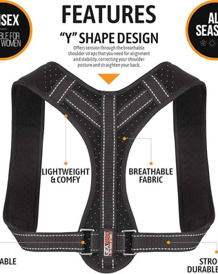 Problems Solved posture corrector for men and women, upper back brace with clavicle support, adjustable ergonomic design.