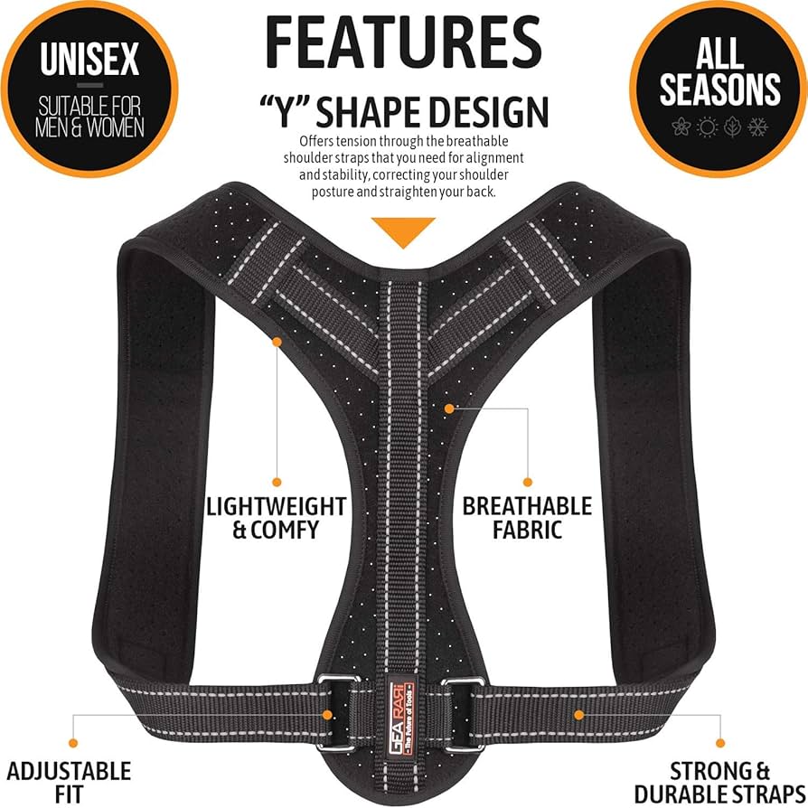 Problems Solved posture corrector for men and women, upper back brace with clavicle support, adjustable ergonomic design.