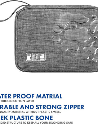 Problems Solved cable bag and organizer for travel, with multiple compartments for electronics and accessories, compact and portable.