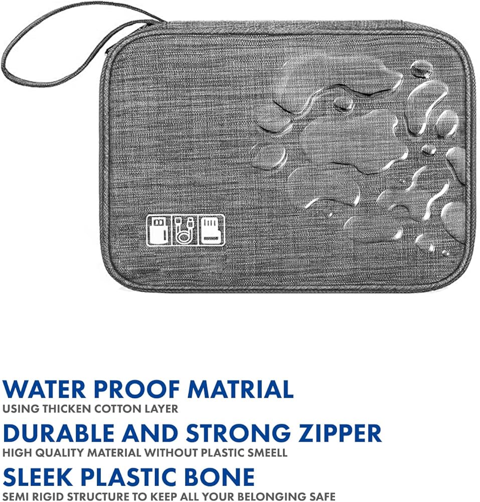 Problems Solved cable bag and organizer for travel, with multiple compartments for electronics and accessories, compact and portable.