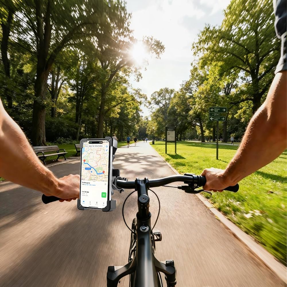 Problems Solved bike phone handlebar mount with anti-vibration and safety lock, adjustable 360º rotation on motorbike handlebars.