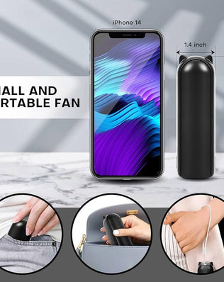 Problems Solved mini handheld fan with 3 speeds, rechargeable, quiet operation, portable USB design, suitable for personal cooling.