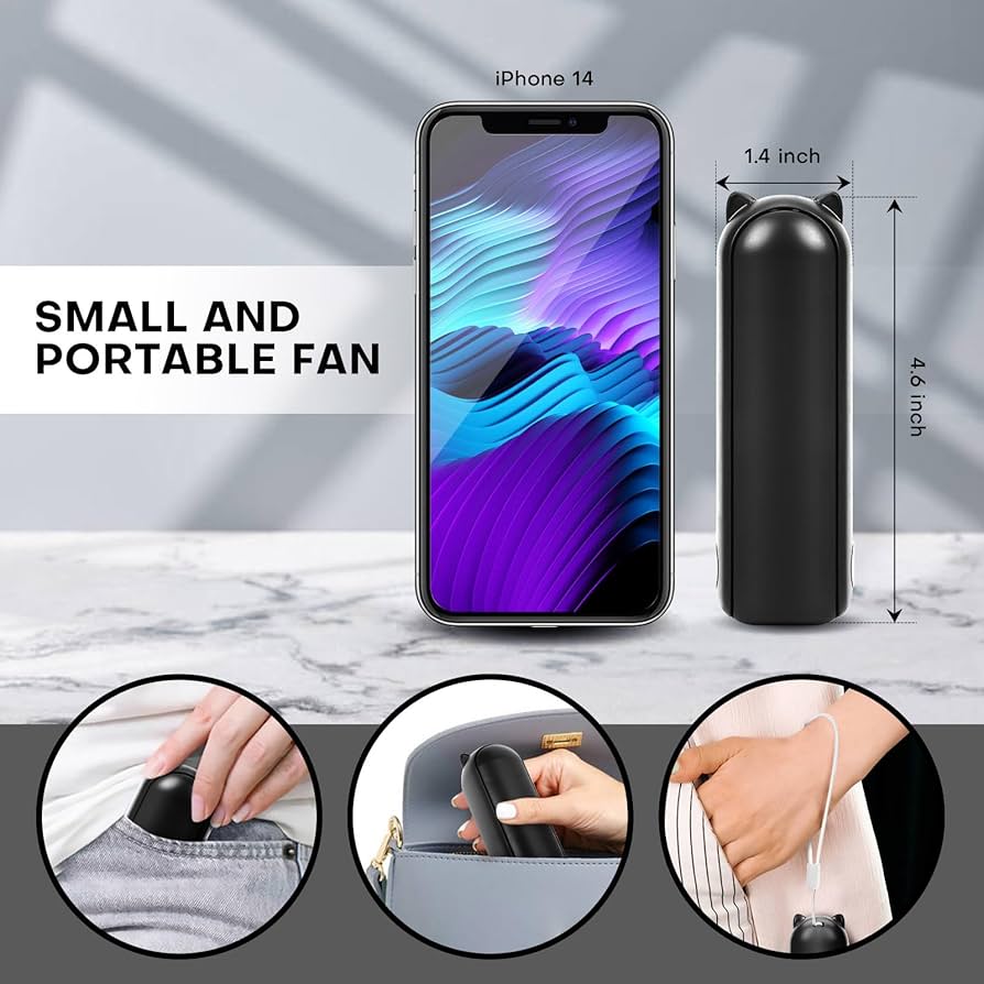 Problems Solved mini handheld fan with 3 speeds, rechargeable, quiet operation, portable USB design, suitable for personal cooling.