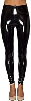 Women mirror faux patent leather leggings by Problems Solved with reflective shiny stretch material, shown on a model.