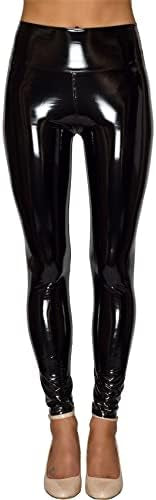 Women mirror faux patent leather leggings by Problems Solved with reflective shiny stretch material, shown on a model.