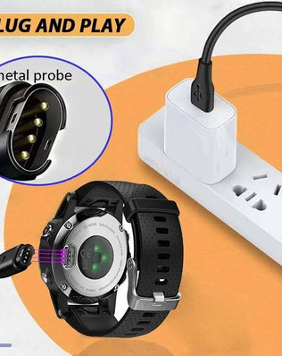 Problems Solved Garmin charger compatible with Garmin smartwatches, featuring a compact design and secure connector.